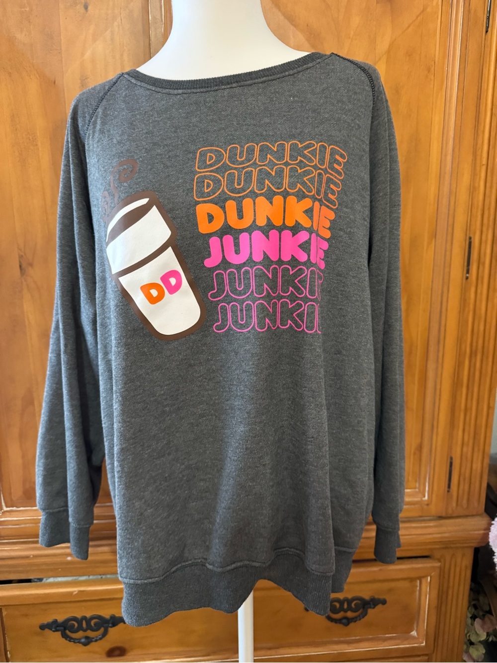 DUNKIN DONUTS Dunkie Junkie Graphic Sweatshirt - Gray with Orange & Pink Logo